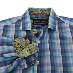 David Smith Australia Mens Blue Purple Plaid Paisley Contrast Button Down Shirt